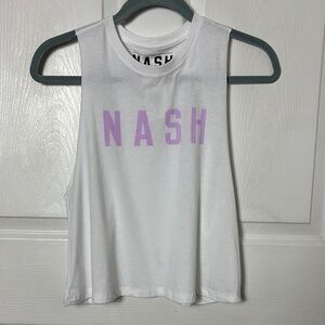 New THE NASH COLLECTION Women White Racerback Crop Tank sz Medium spell out logo